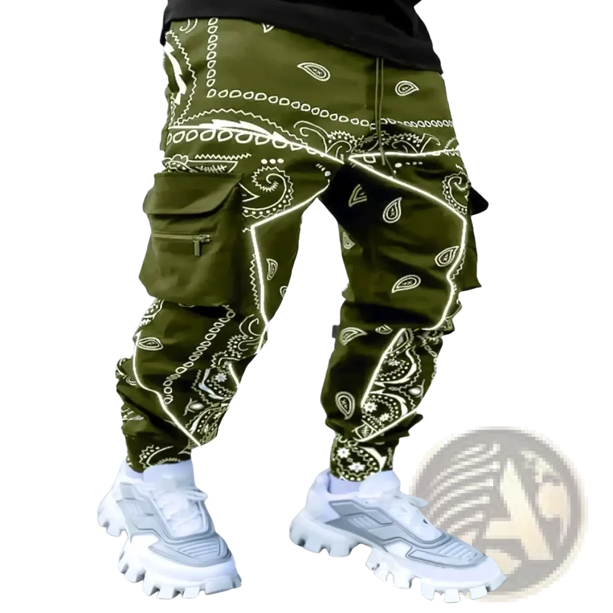 Men’s olive green cargo pants with bold white bandana print and glowing yellow stitching accents