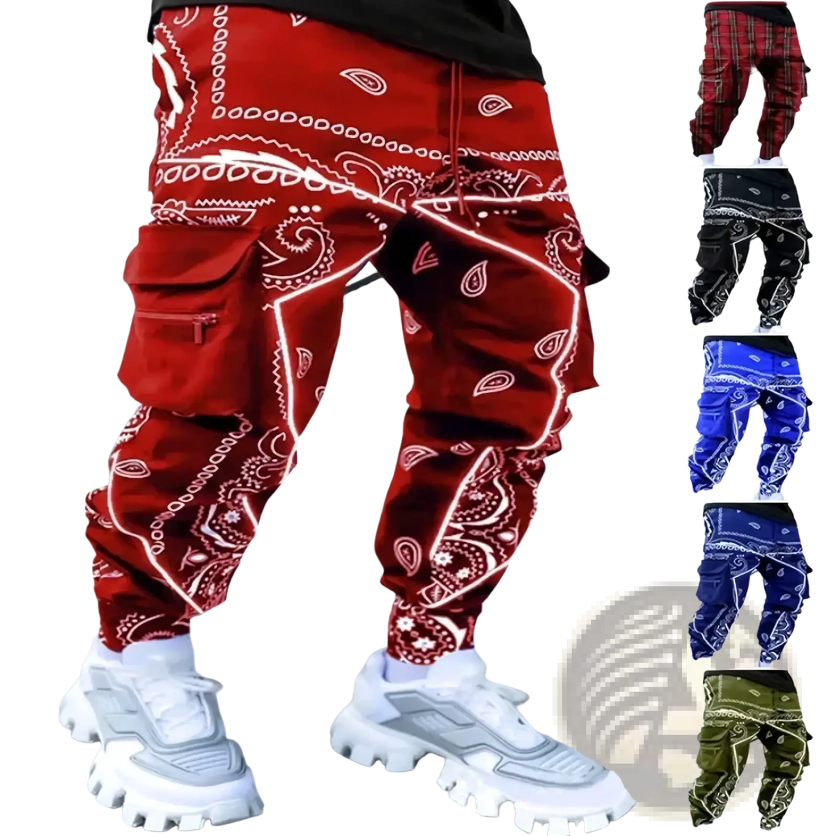 Men’s bandana print loose cargo pants in red with white paisley designs and glowing neon trim