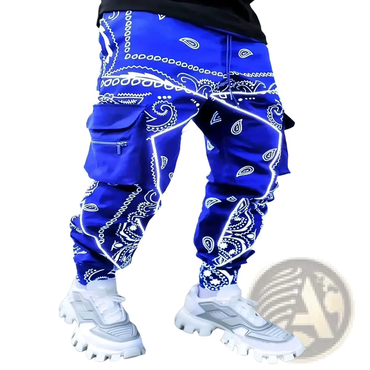 Men’s bandana print loose cargo pants in vibrant royal blue with white paisley and geometric designs and multiple pockets