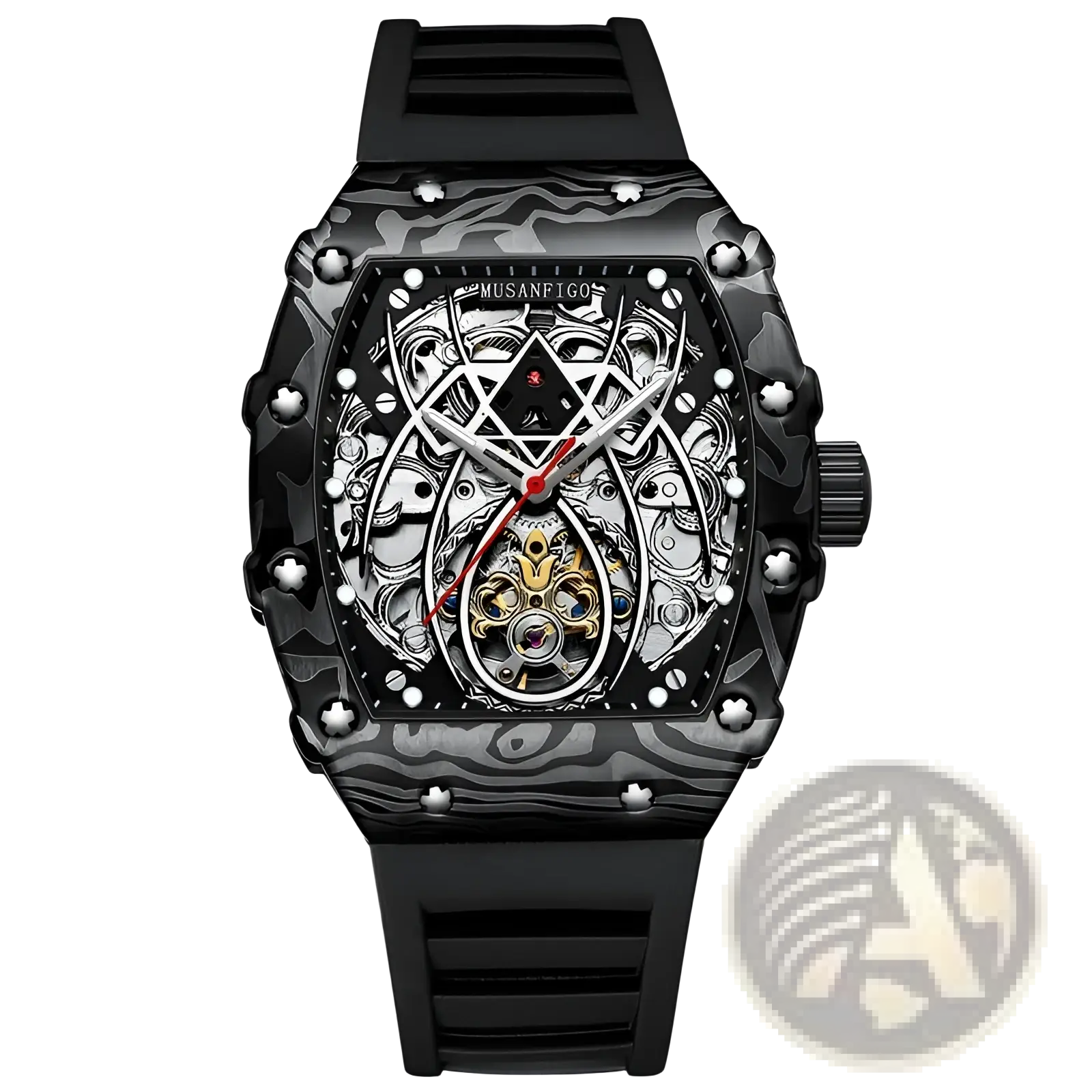 Men’s barrel skeleton automatic mechanical sport watch with black matte finish, skeletonized dial, and dark camouflage case