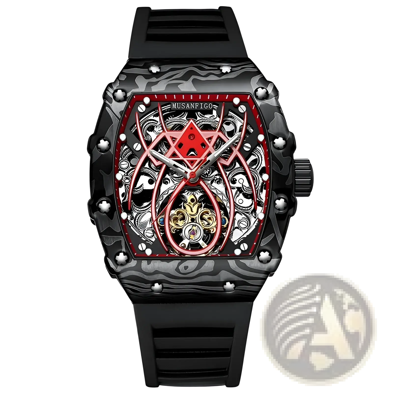 Men’s barrel skeleton automatic mechanical sport watch with black and red skeletonized dial and camouflage case
