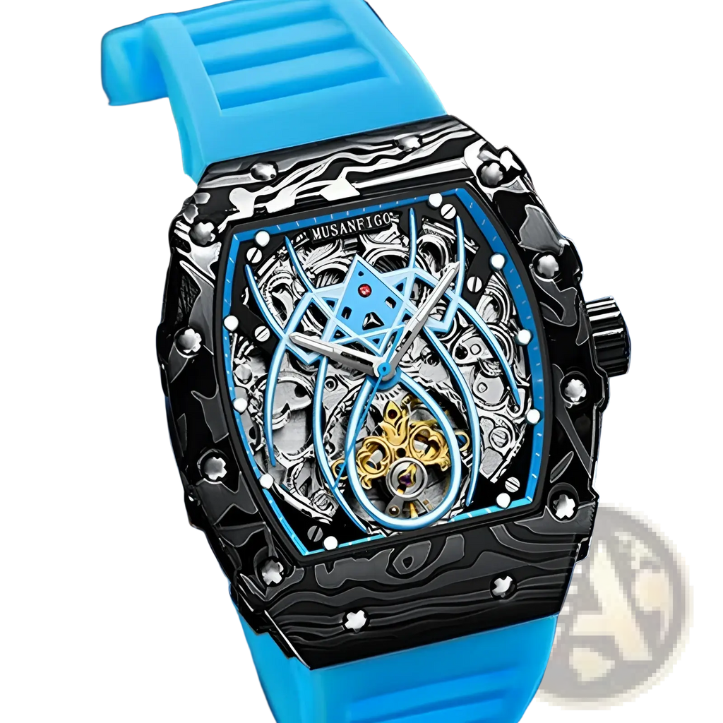 Men’s barrel skeleton automatic mechanical sport watch with vibrant blue silicone strap and black gold-accented dial by musanfeggs