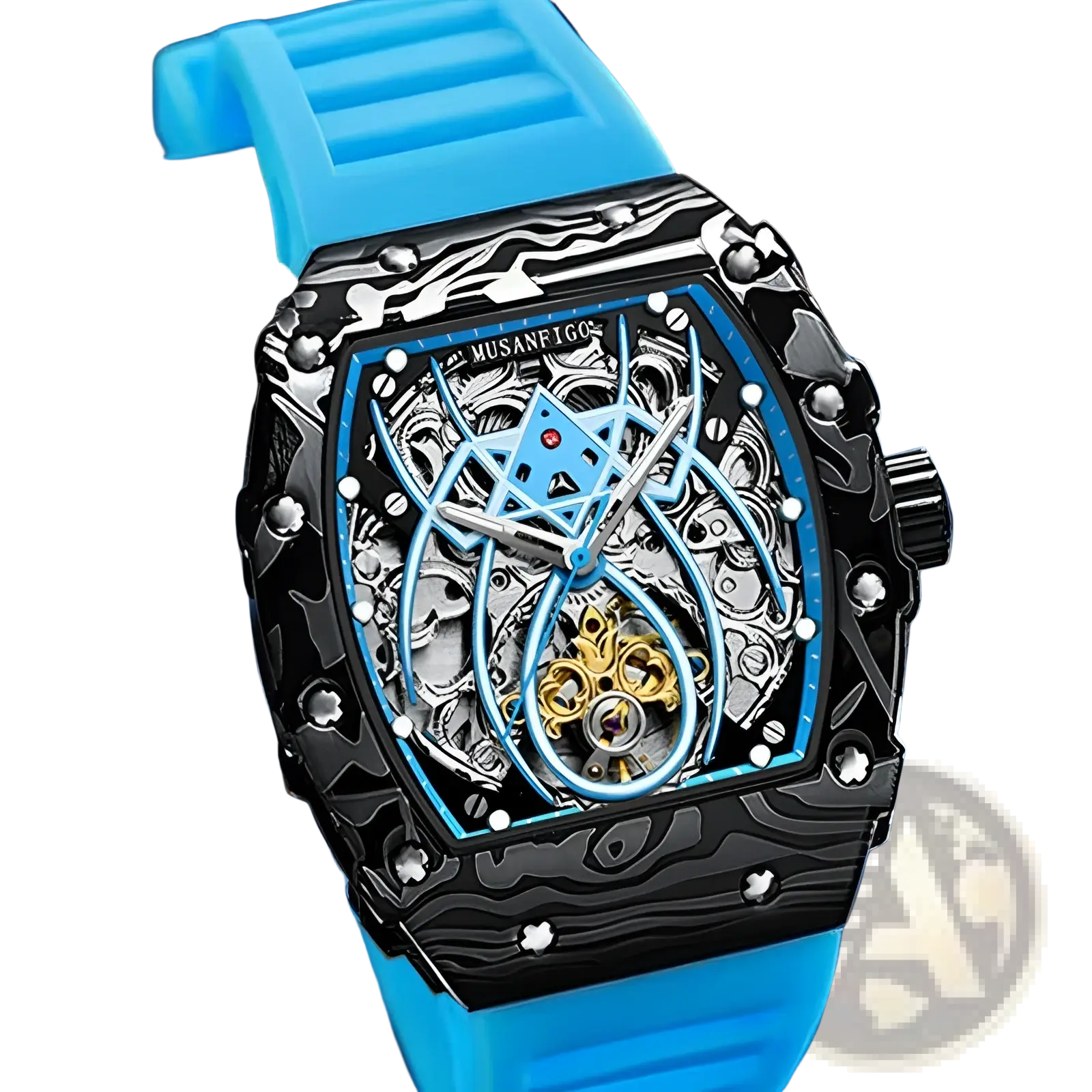 Men’s barrel skeleton automatic mechanical sport watch with vibrant blue silicone strap and black gold-accented dial by musanfeggs