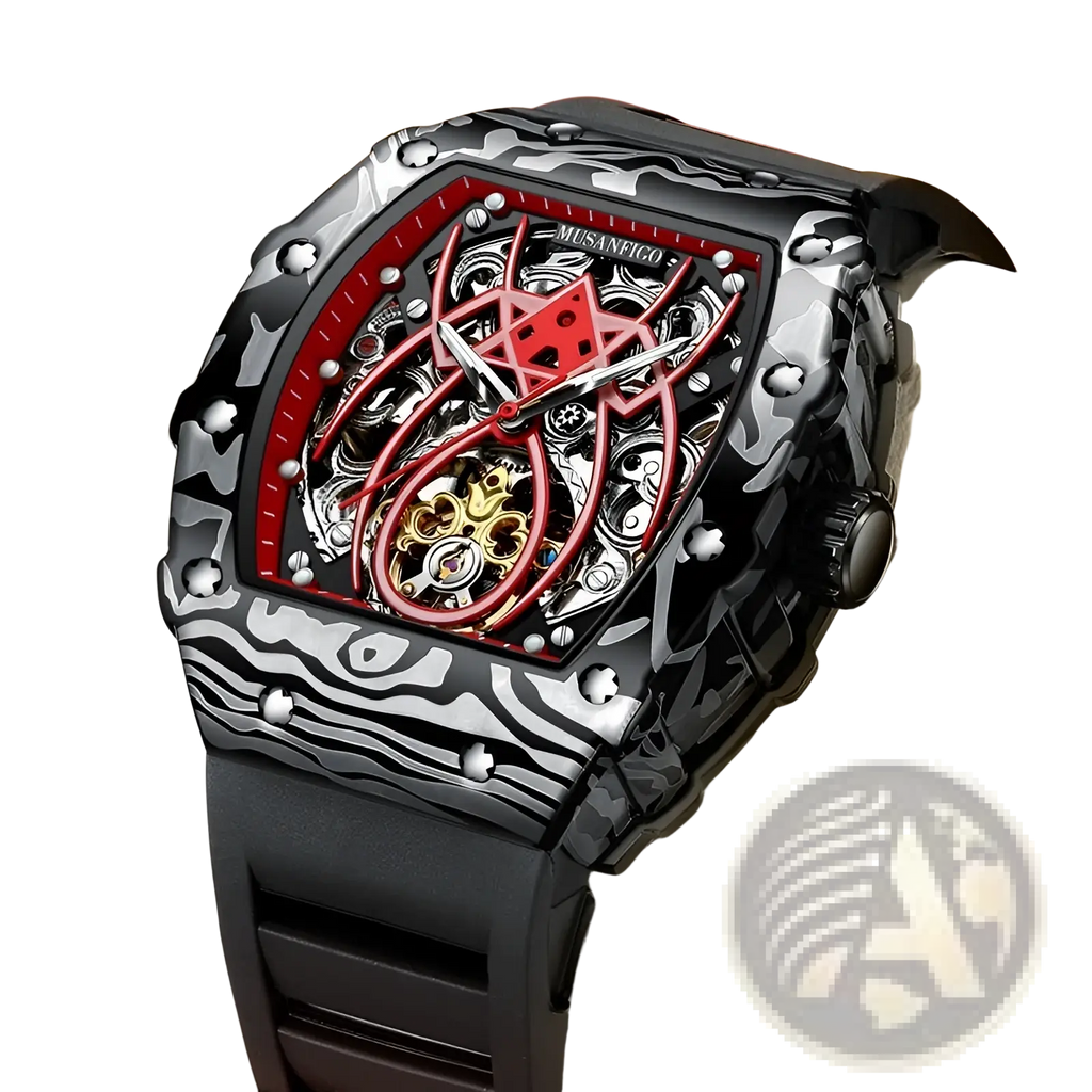 Men’s barrel skeleton automatic mechanical sport watch with black and silver camouflage case and red skeleton dial with gold gears