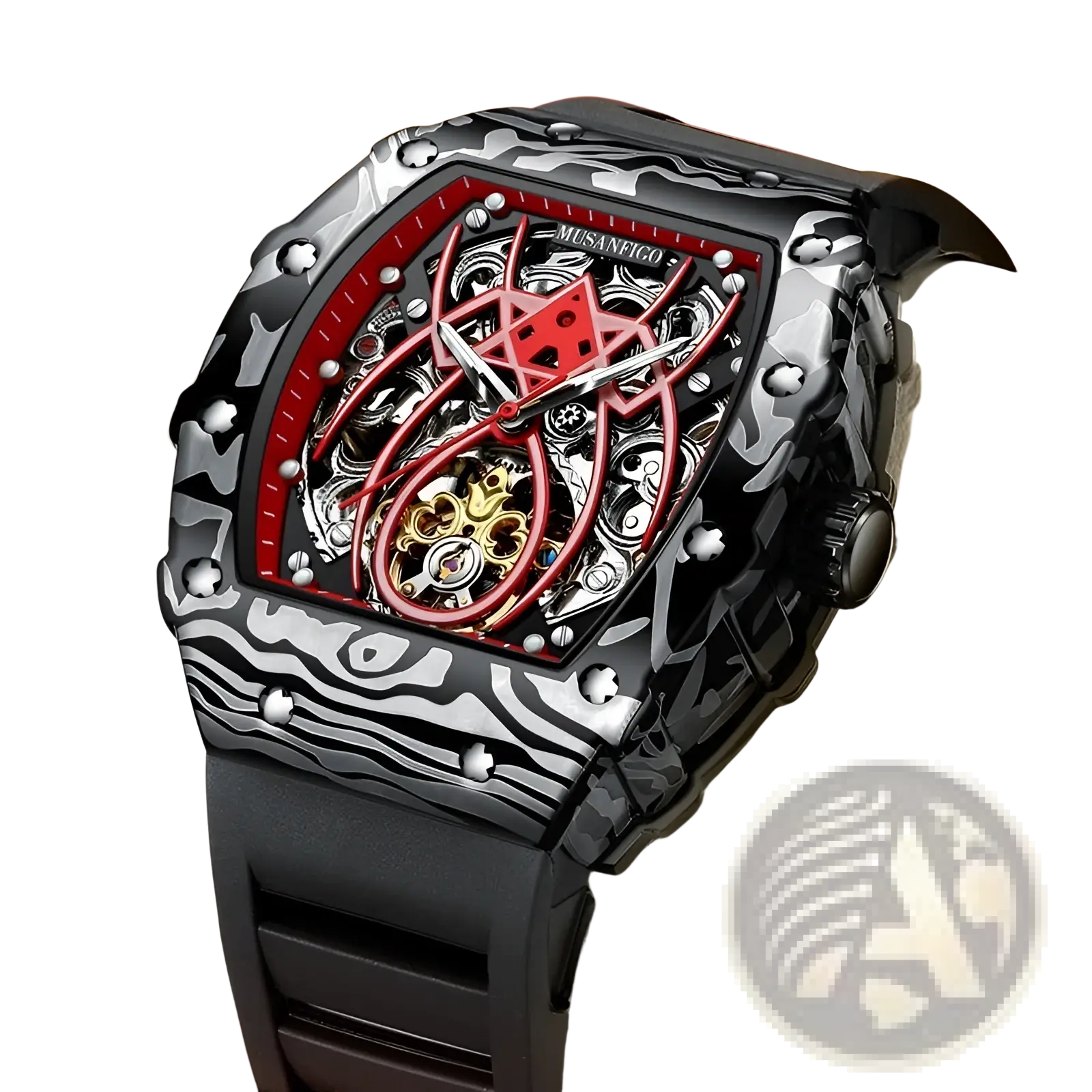 Men’s barrel skeleton automatic mechanical sport watch with black and silver camouflage case and red skeleton dial with gold gears