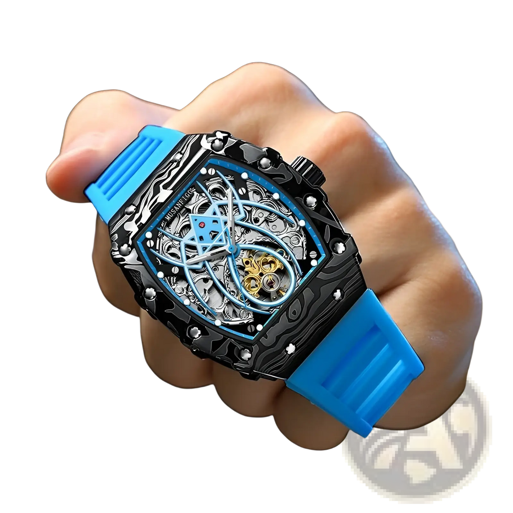 Men’s barrel skeleton automatic mechanical sport watch with bold blue and black exposed gears and vibrant silicone strap