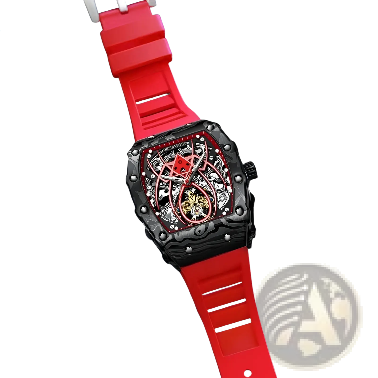Men’s barrel skeleton automatic mechanical sport watch with red rubber strap and black carbon fiber case showing movement