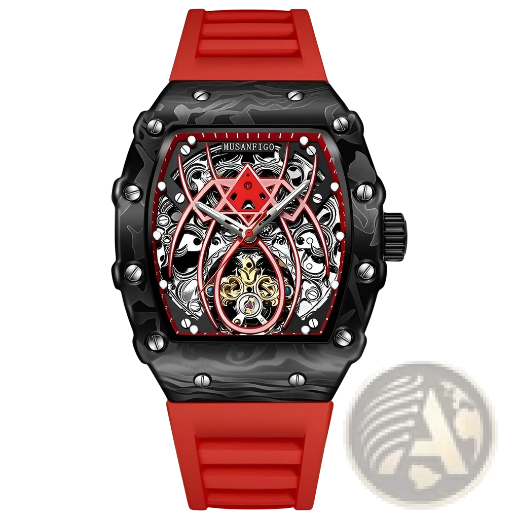 Men’s barrel skeleton automatic mechanical sport watch with red and black dial, carbon fiber case, and red silicone strap