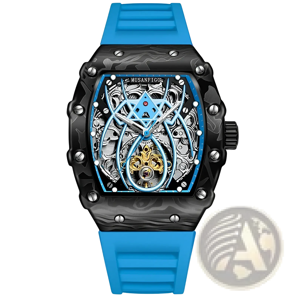 Men’s barrel skeleton automatic mechanical sport watch with blue rubber strap black case and visible intricate gears