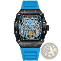 Men’s barrel skeleton automatic mechanical sport watch with blue rubber strap black case and visible intricate gears