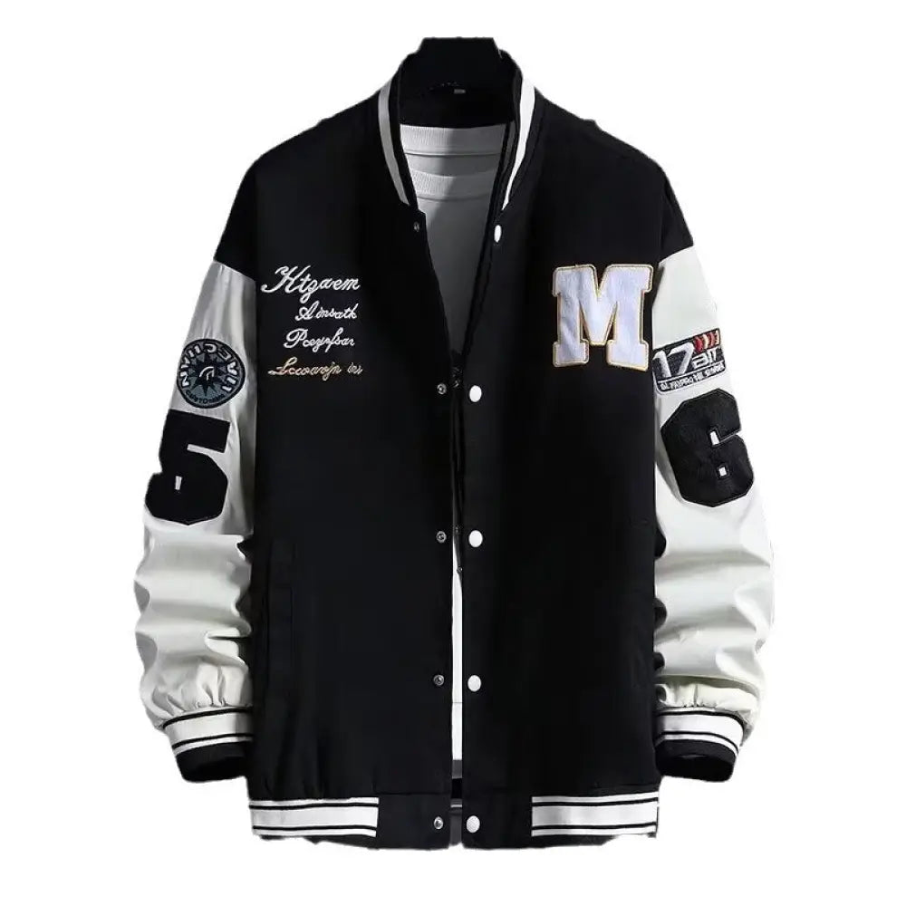 Men’s urban letter print streetwear varsity jacket in black and white with embroidered lettering patches and bold sleeve numbers