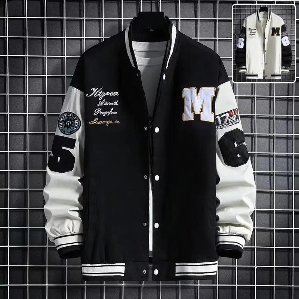 Men’s urban letter print streetwear black and white varsity jacket with embroidered patches and bold m and 65 numerals on sleeves