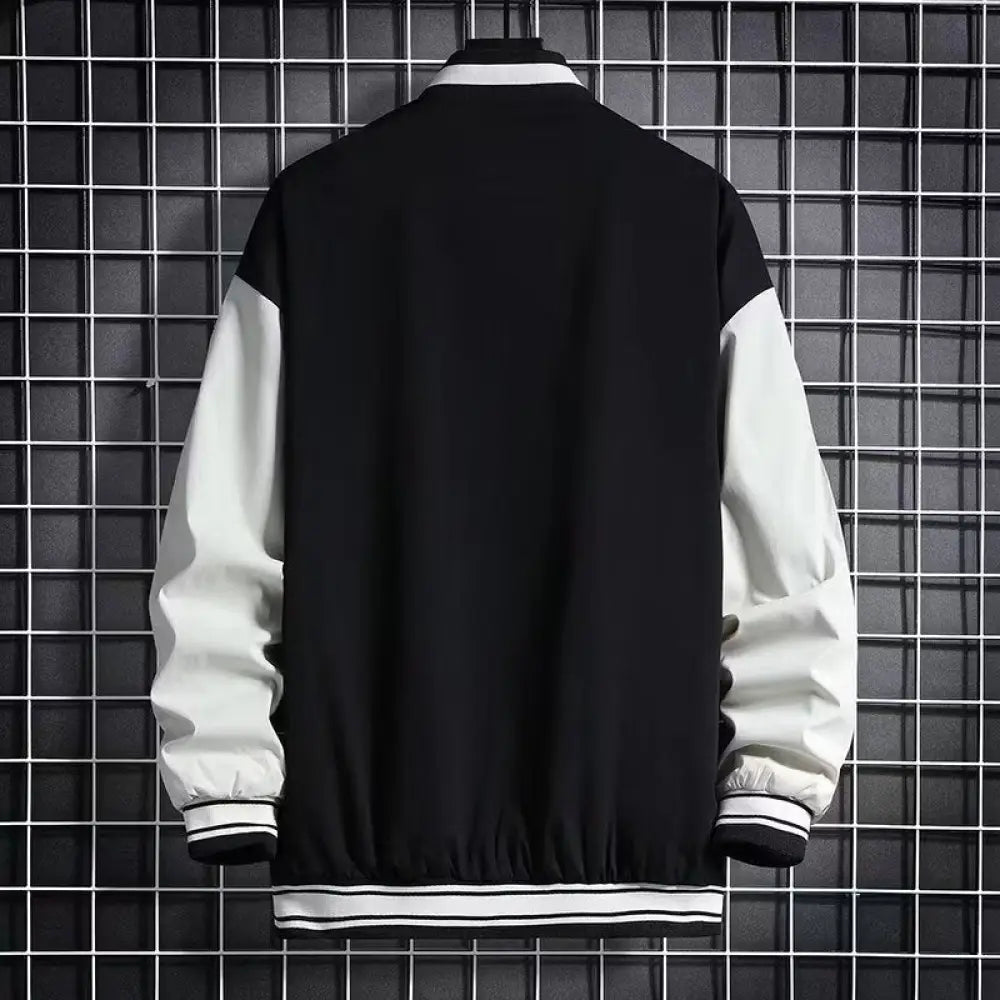 Men’s urban letter print streetwear varsity jacket in black and white with contrasting sleeves ribbed cuffs and hem