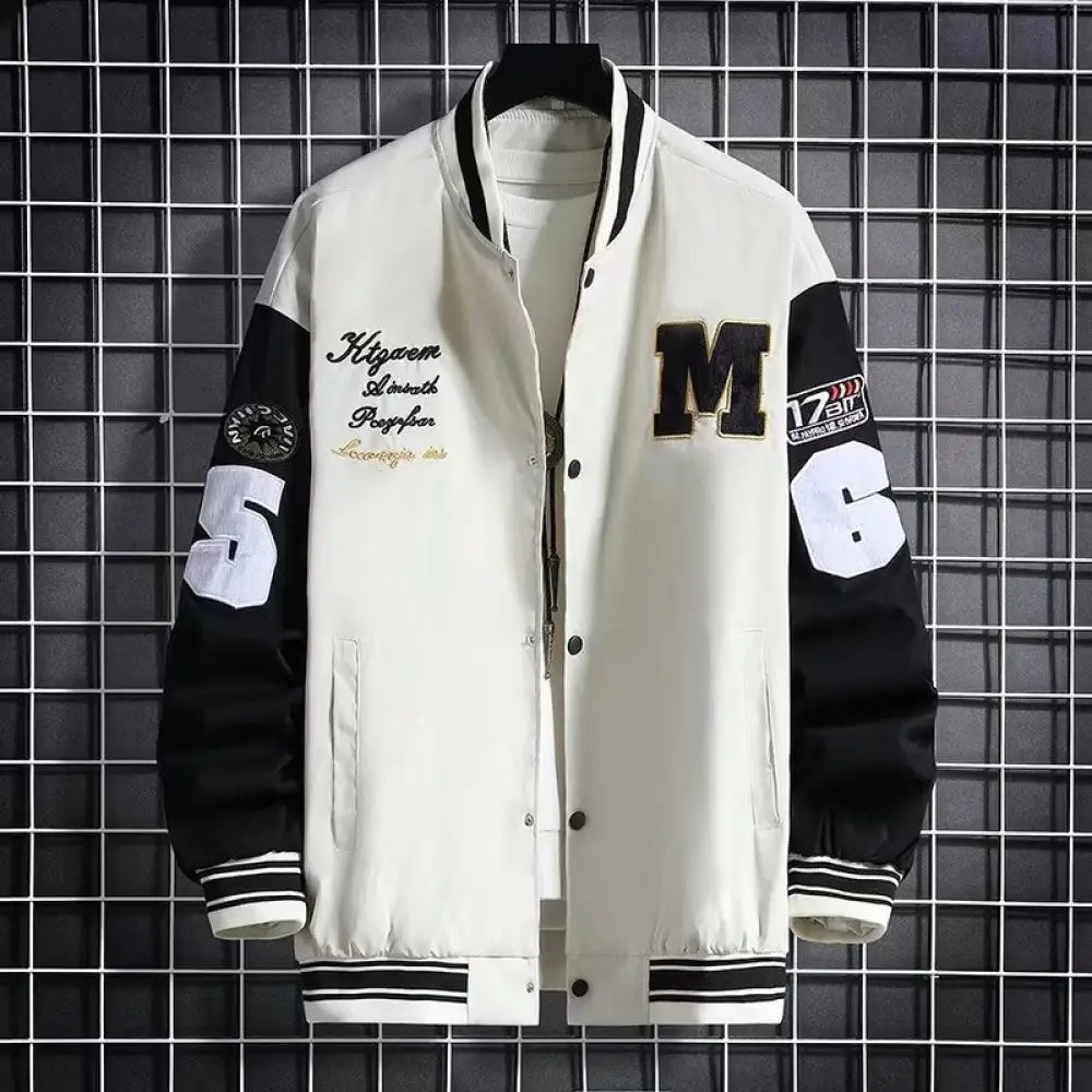 Men’s urban letter print streetwear varsity jacket with white and black colors, bold lettering, embroidered patches, and contrasting sleeves
