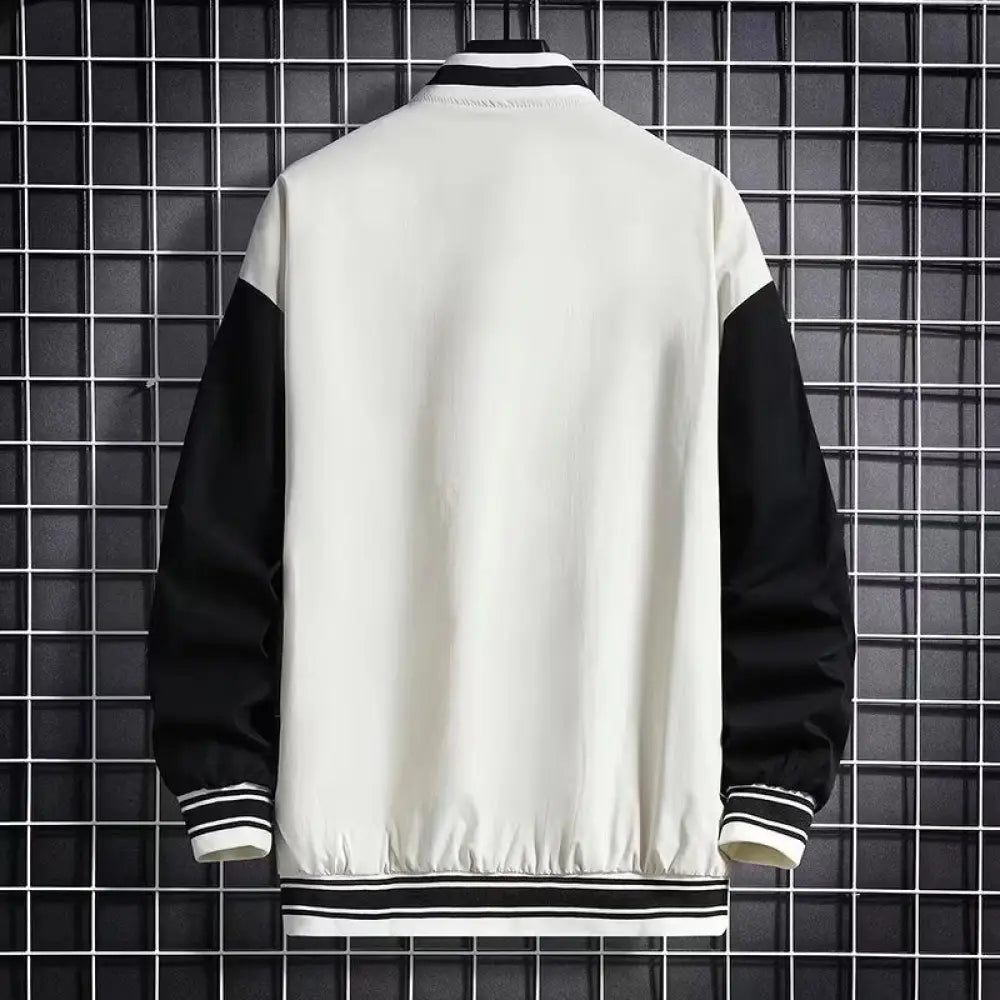 Men’s urban letter print streetwear varsity jacket with white and black contrasting sleeves and ribbed cuffs