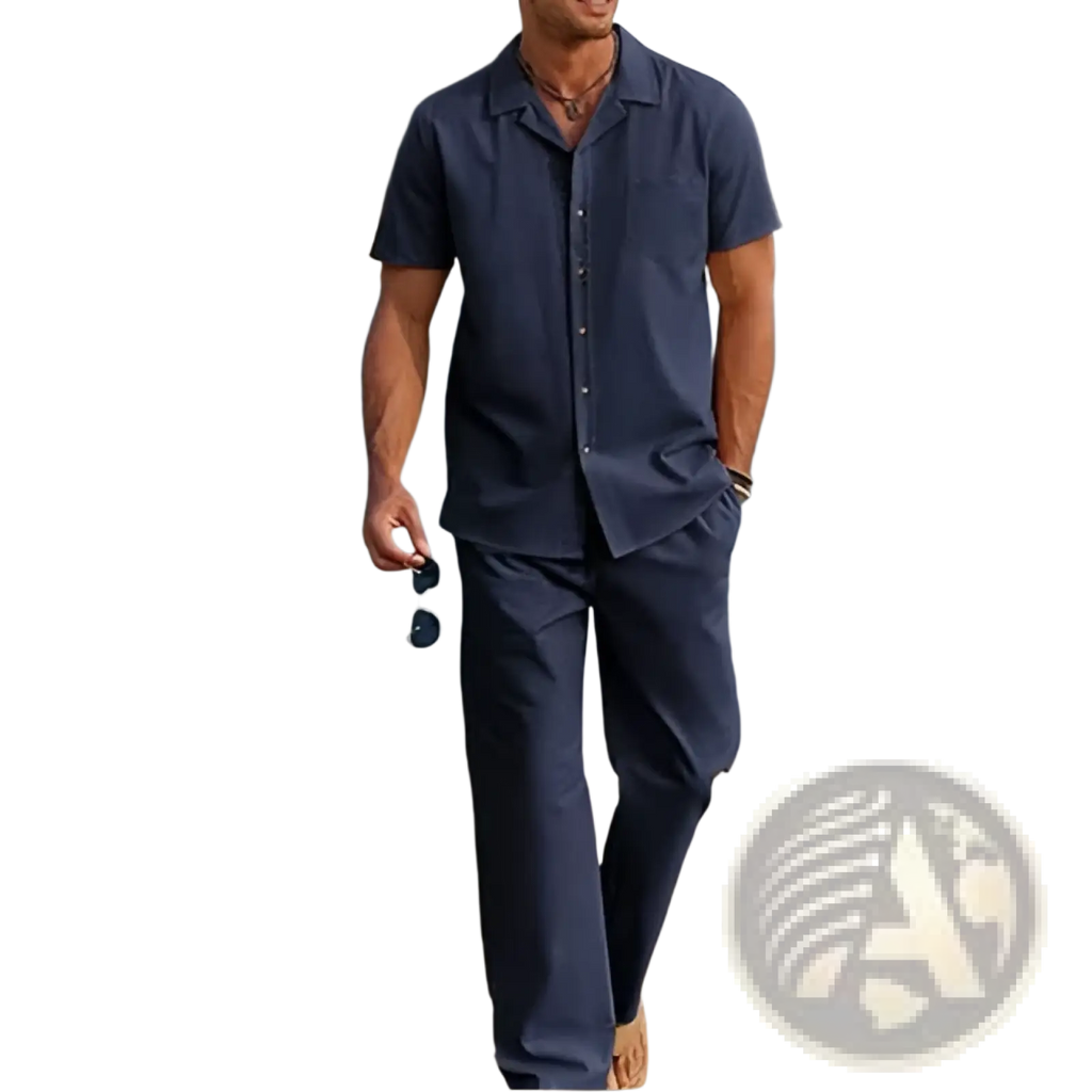 Navy blue short-sleeved cotton beach shirt with collar and front pocket for men casual summer outfit
