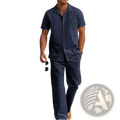 Navy blue short-sleeved cotton beach shirt with collar and front pocket for men casual summer outfit