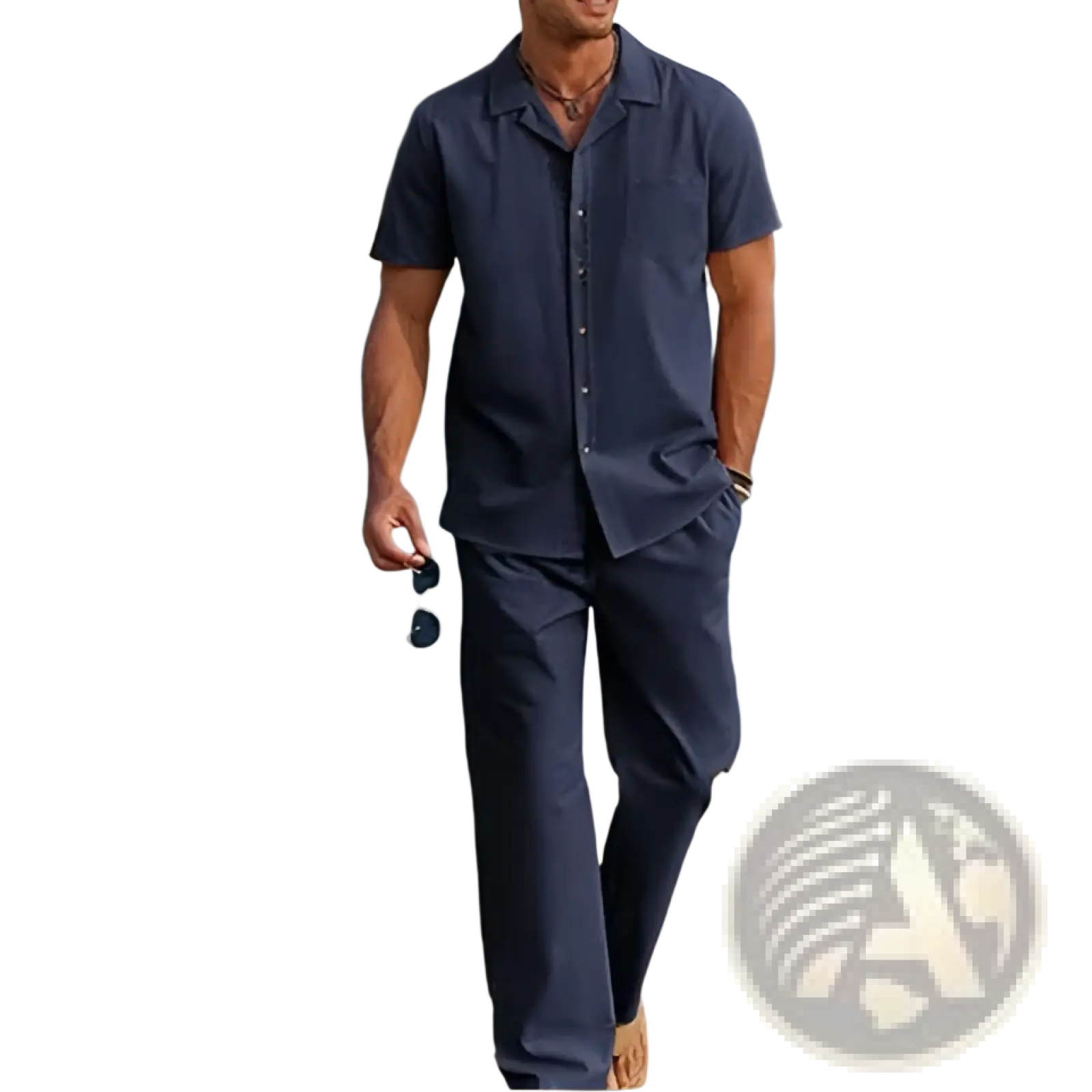 Navy blue short-sleeved cotton beach shirt with collar and front pocket for men casual summer outfit