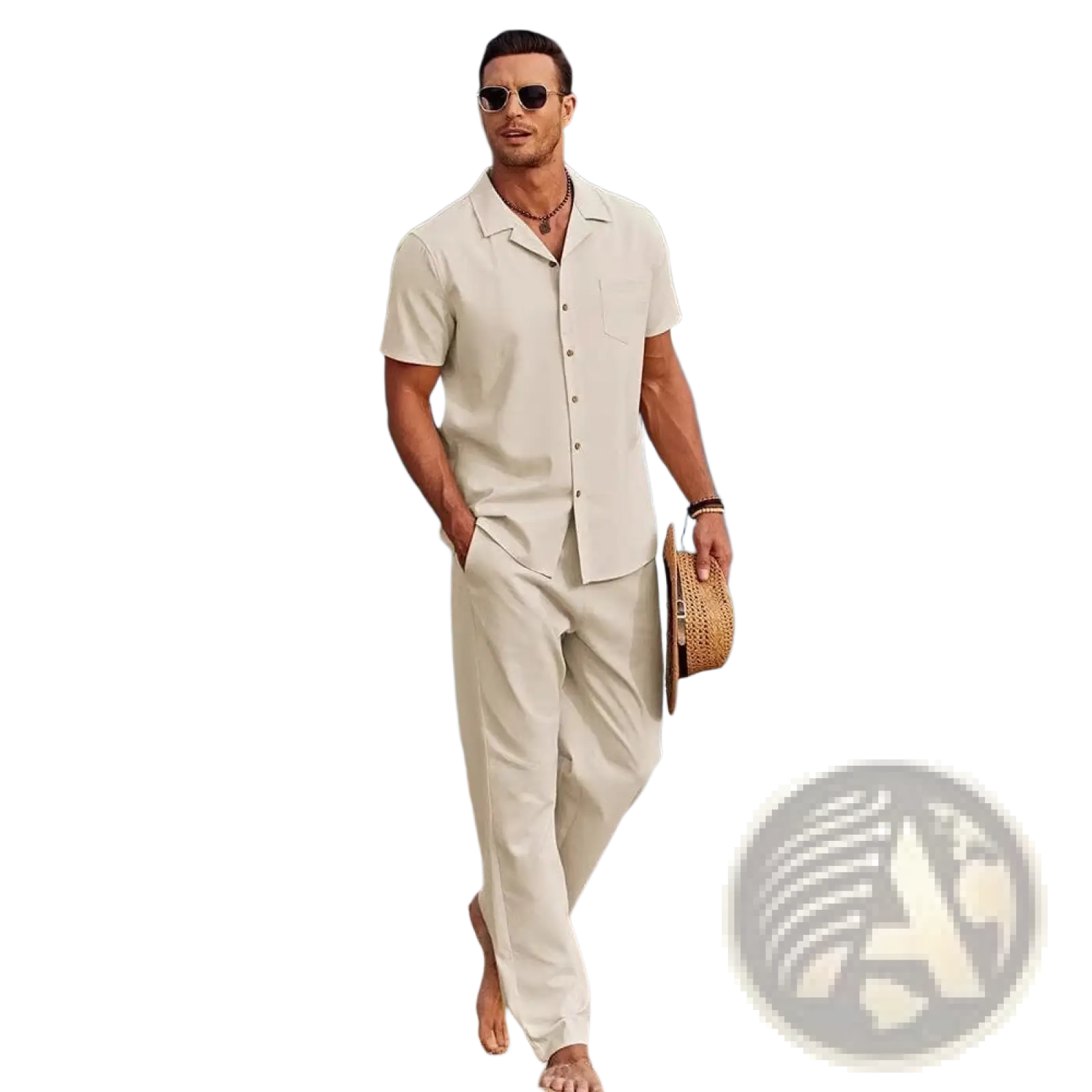 Beige short-sleeved button-up mens beach shirt with collar and chest pocket for casual summer outfit