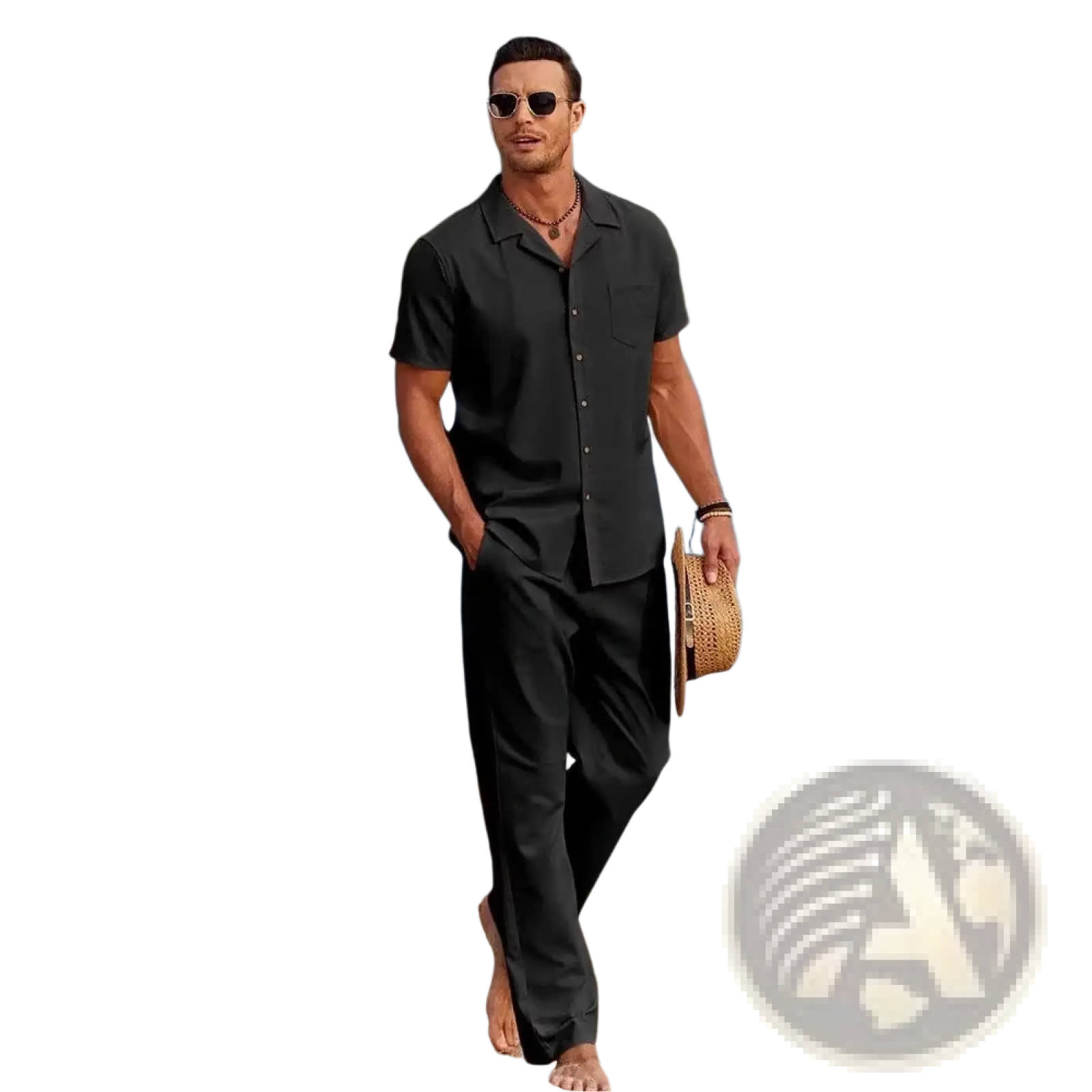 Mens beach shirt and pants set featuring a black short-sleeved button-up shirt with collar and chest pocket for summer