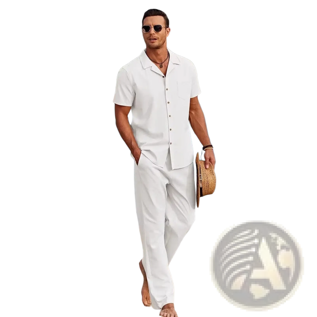 Mens beach shirt and pants set featuring a white short-sleeved button-up shirt with collar and matching white trousers