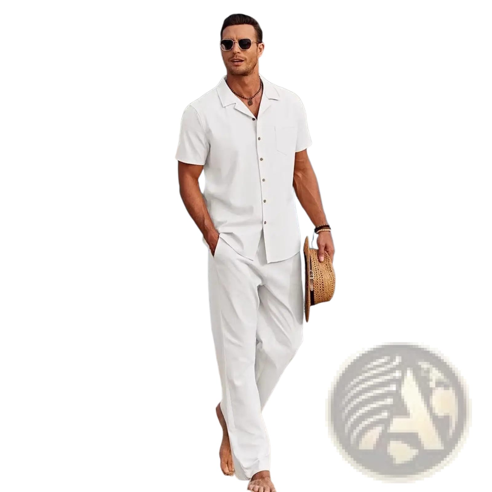 Mens beach shirt and pants set featuring a white short-sleeved button-up shirt with collar and matching white trousers