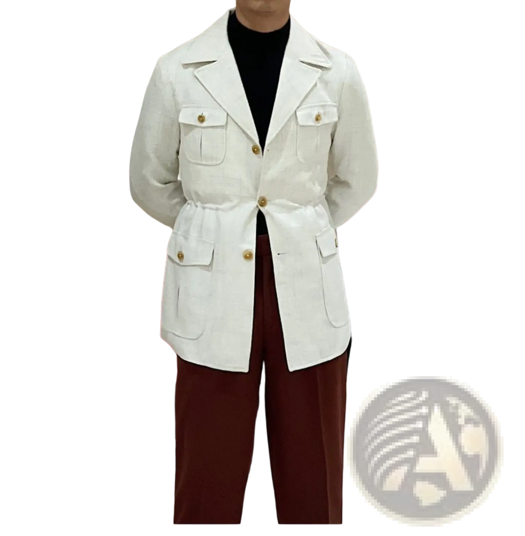 Men’s belted slim fit blazer jacket in white utility style with gold tone buttons and multiple flap pockets