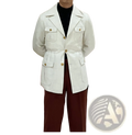 Men’s belted slim fit blazer jacket in white utility style with gold tone buttons and multiple flap pockets