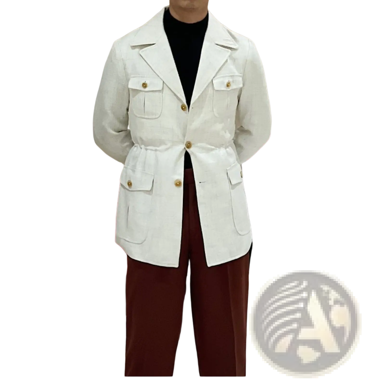 Men’s belted slim fit blazer jacket in white utility style with gold tone buttons and multiple flap pockets