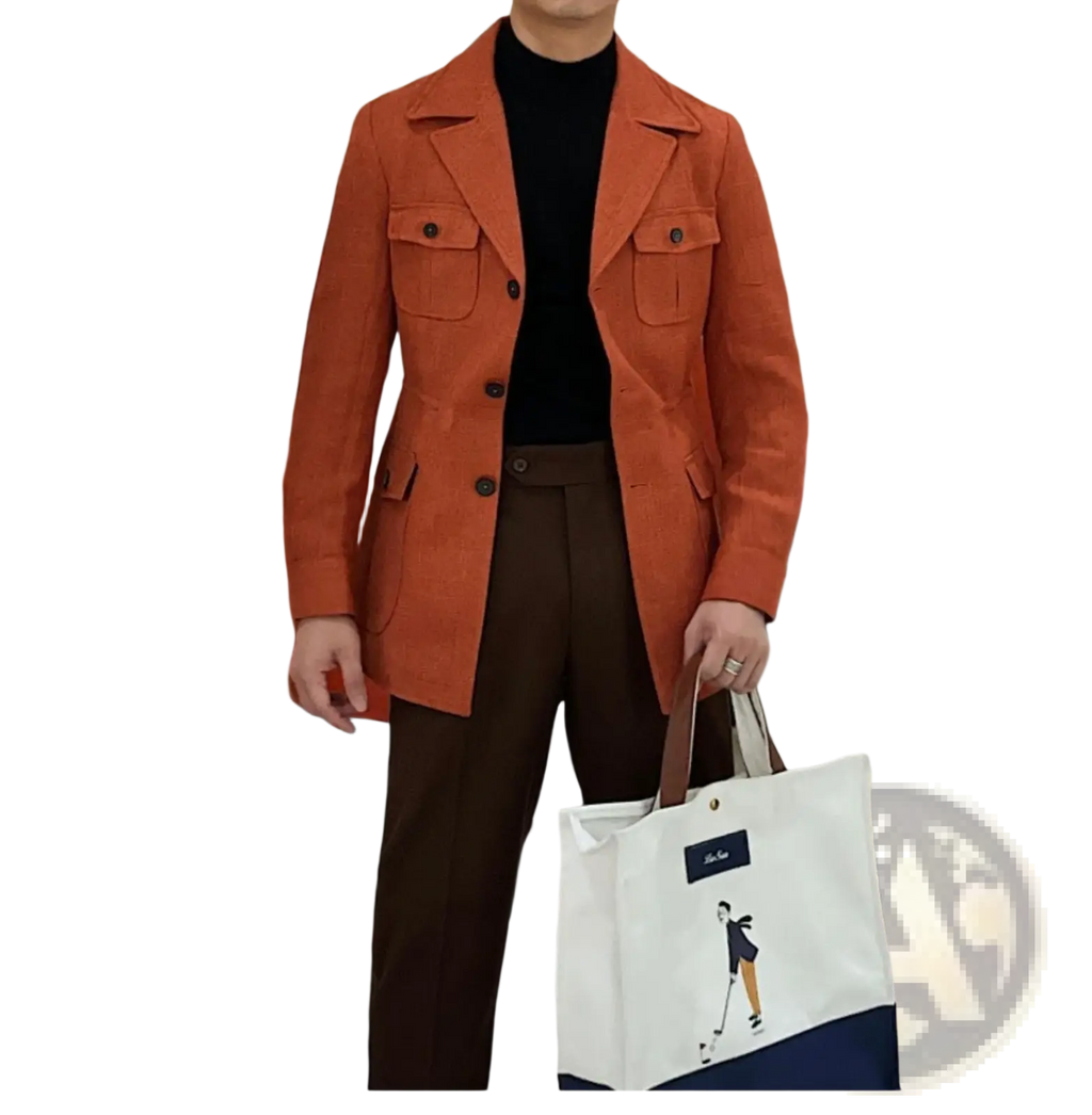 Men’s belted slim fit blazer jacket in orange corduroy with black buttons and flap pockets for formal wear