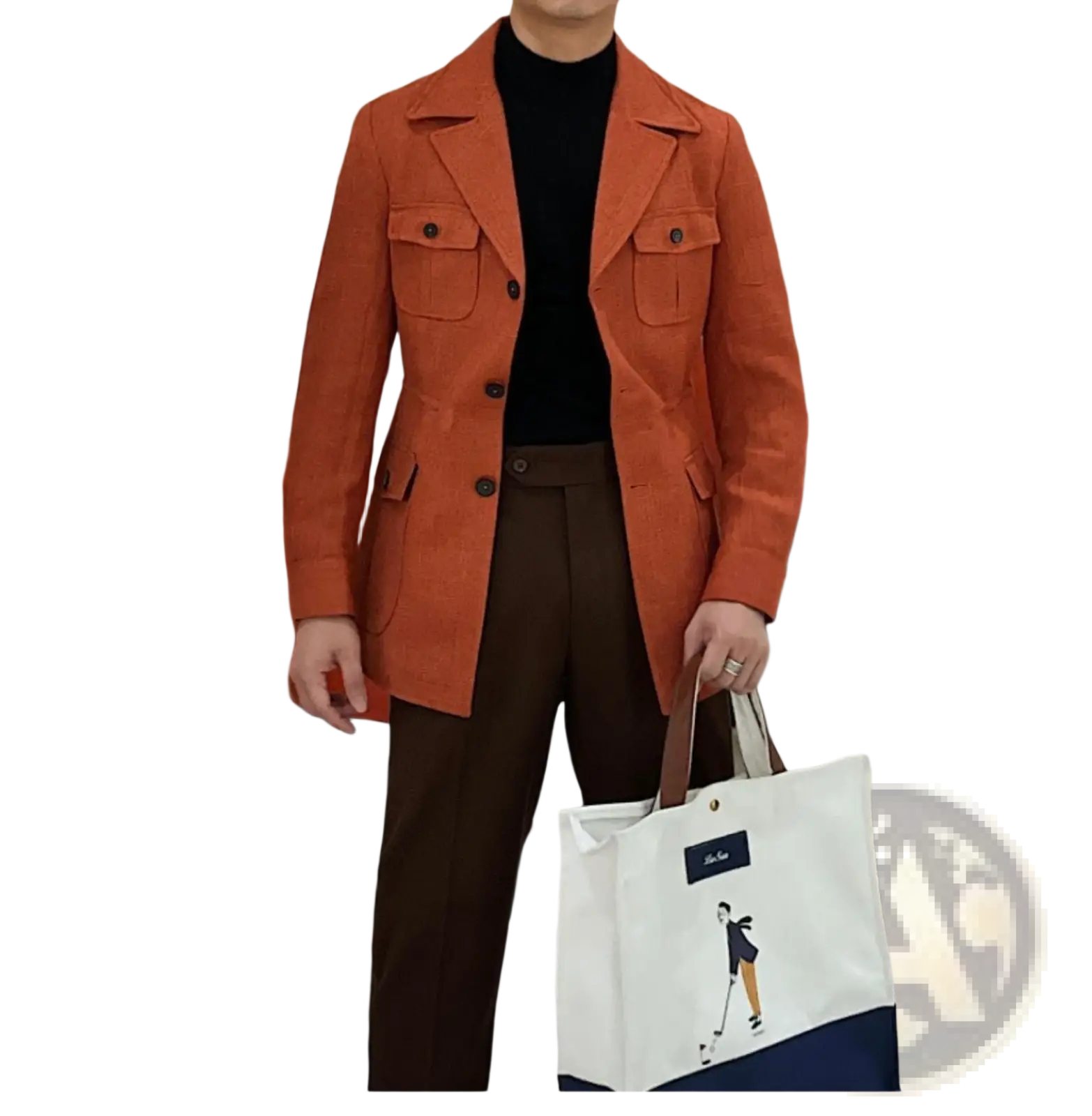 Men’s belted slim fit blazer jacket in orange corduroy with black buttons and flap pockets for formal wear