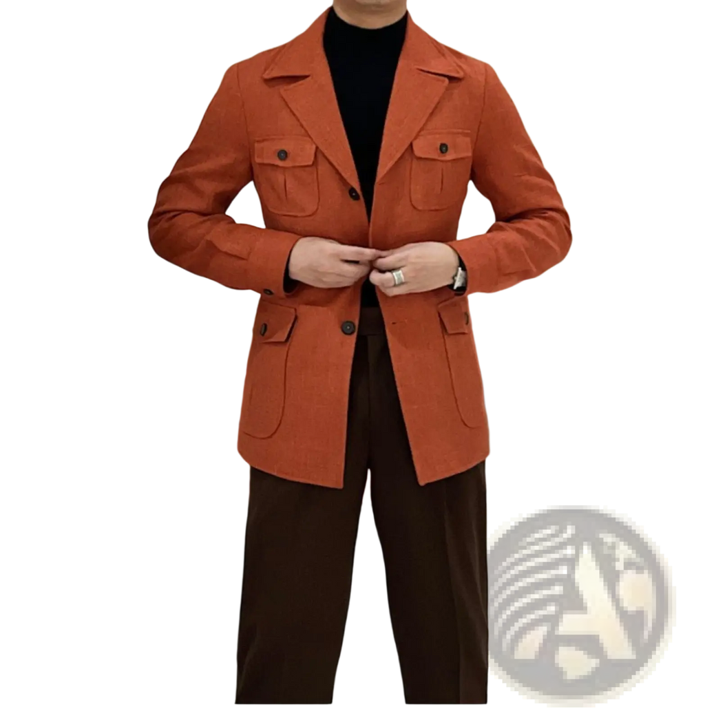 Men’s belted slim fit orange woolen blazer jacket with two front flap pockets and black buttons
