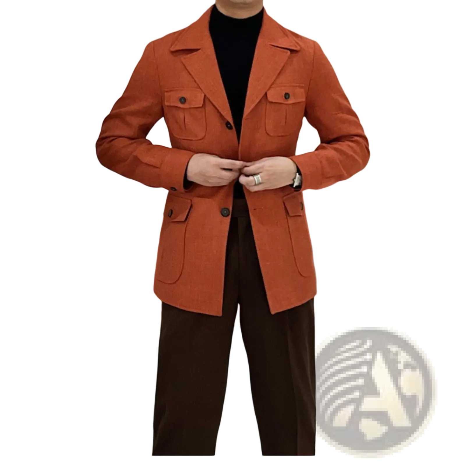 Men’s belted slim fit orange woolen blazer jacket with two front flap pockets and black buttons