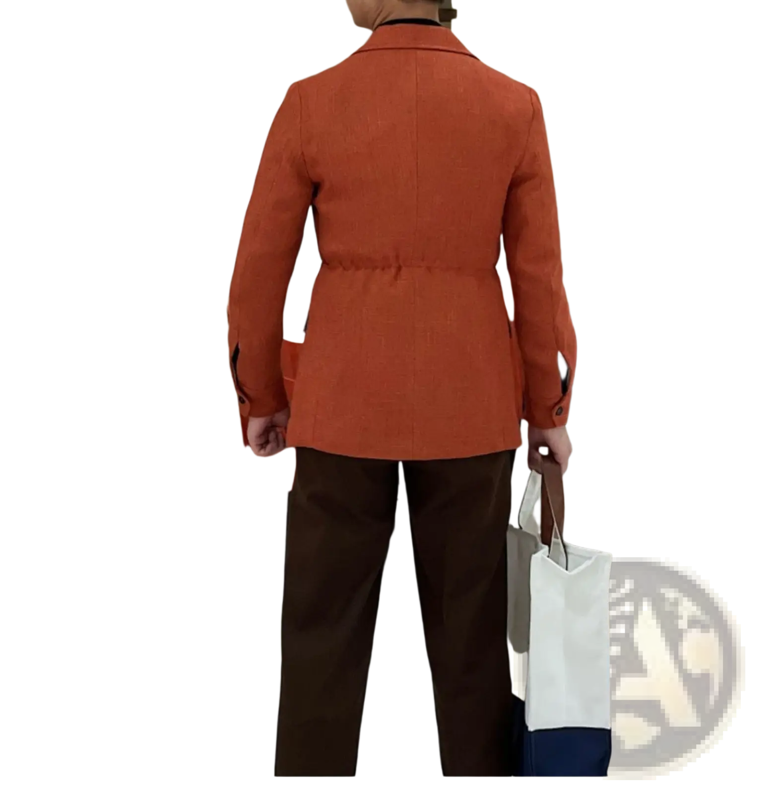 Men’s belted slim fit blazer jacket in burnt orange with subtle textured weave and black cuff trim