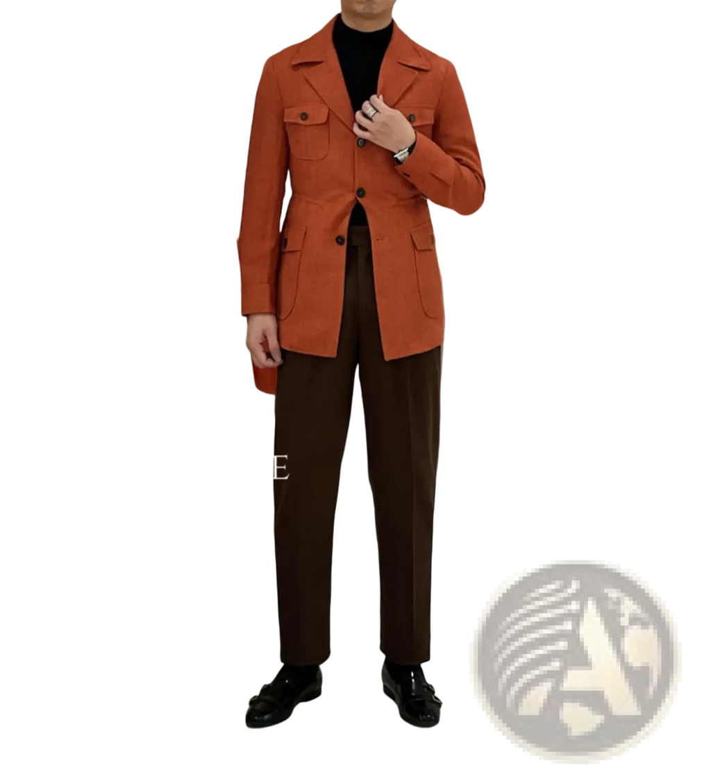 A structured rust orange wool men’s belted slim fit blazer jacket with flap pockets and a notched collar