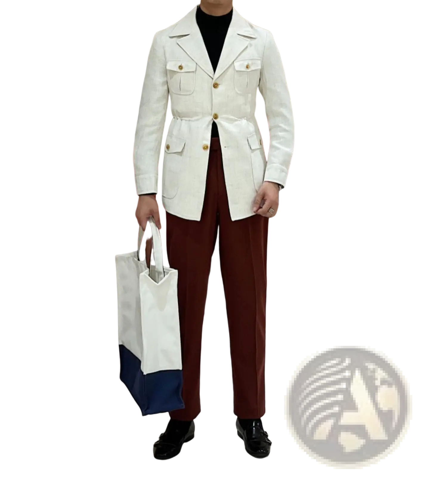 White and navy blue canvas tote bag with white handles shown alongside men’s belted slim fit blazer jacket product image
