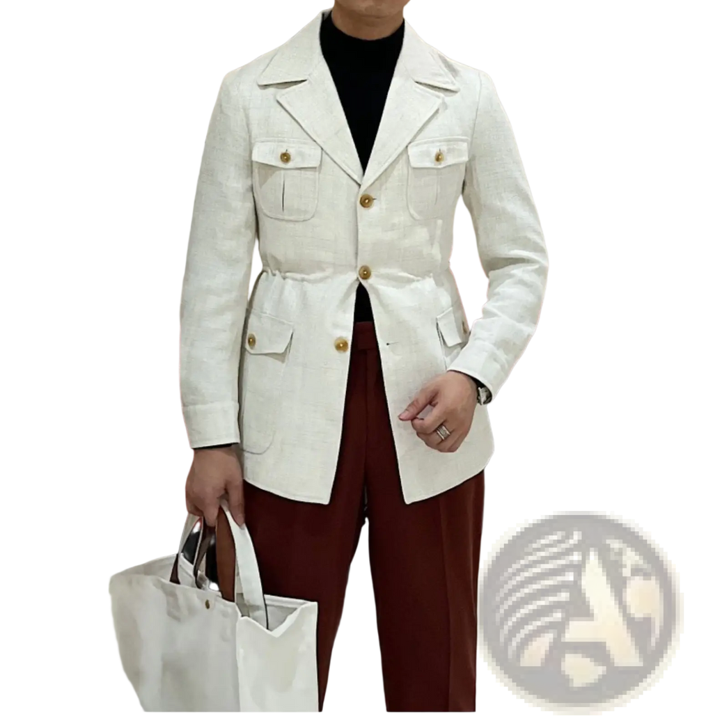 Men’s white textured slim fit blazer jacket with gold buttons and belted waist for formal occasions