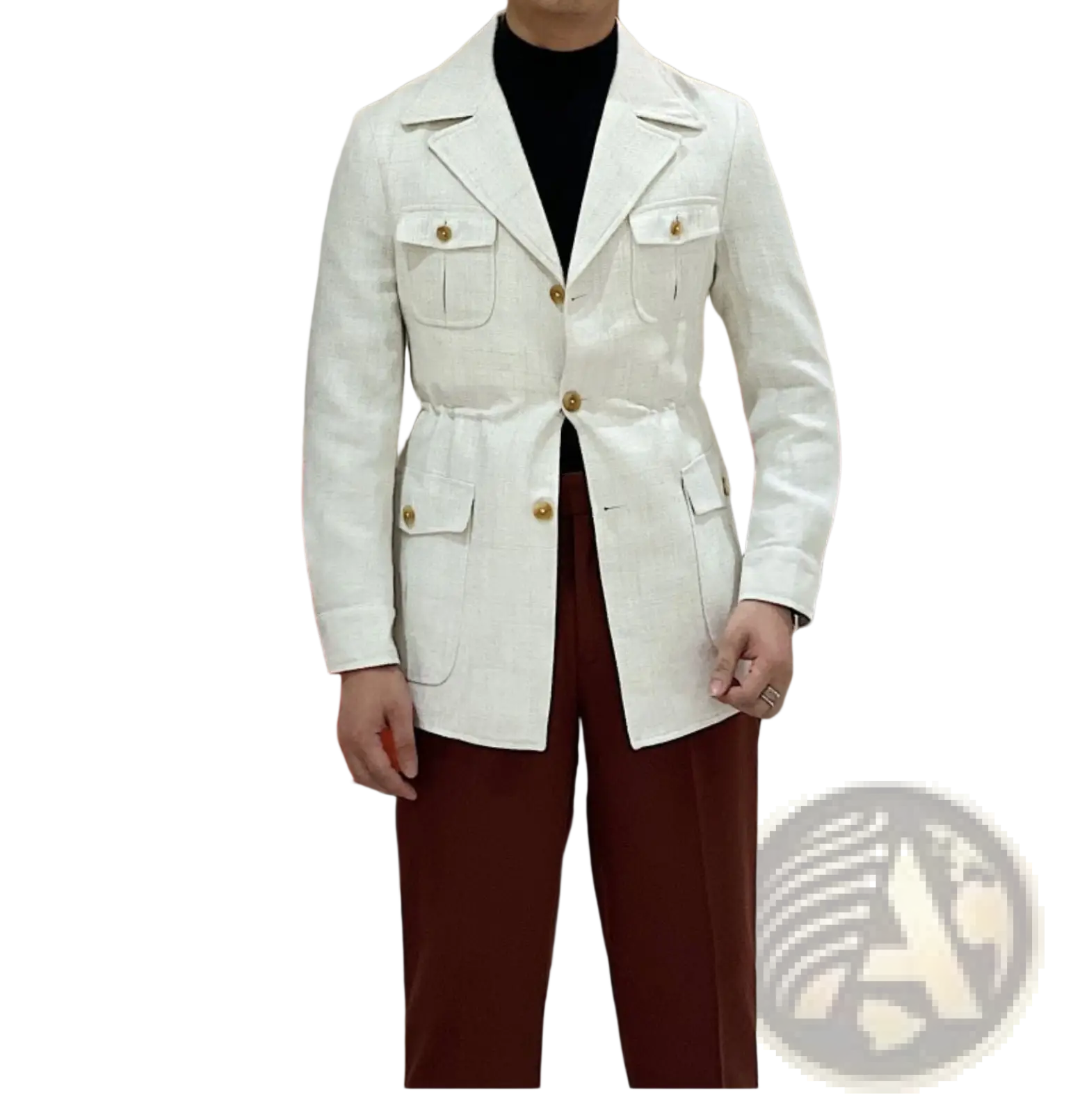 Men’s white textured slim fit blazer jacket with gold buttons and flap pockets featuring a belted waist