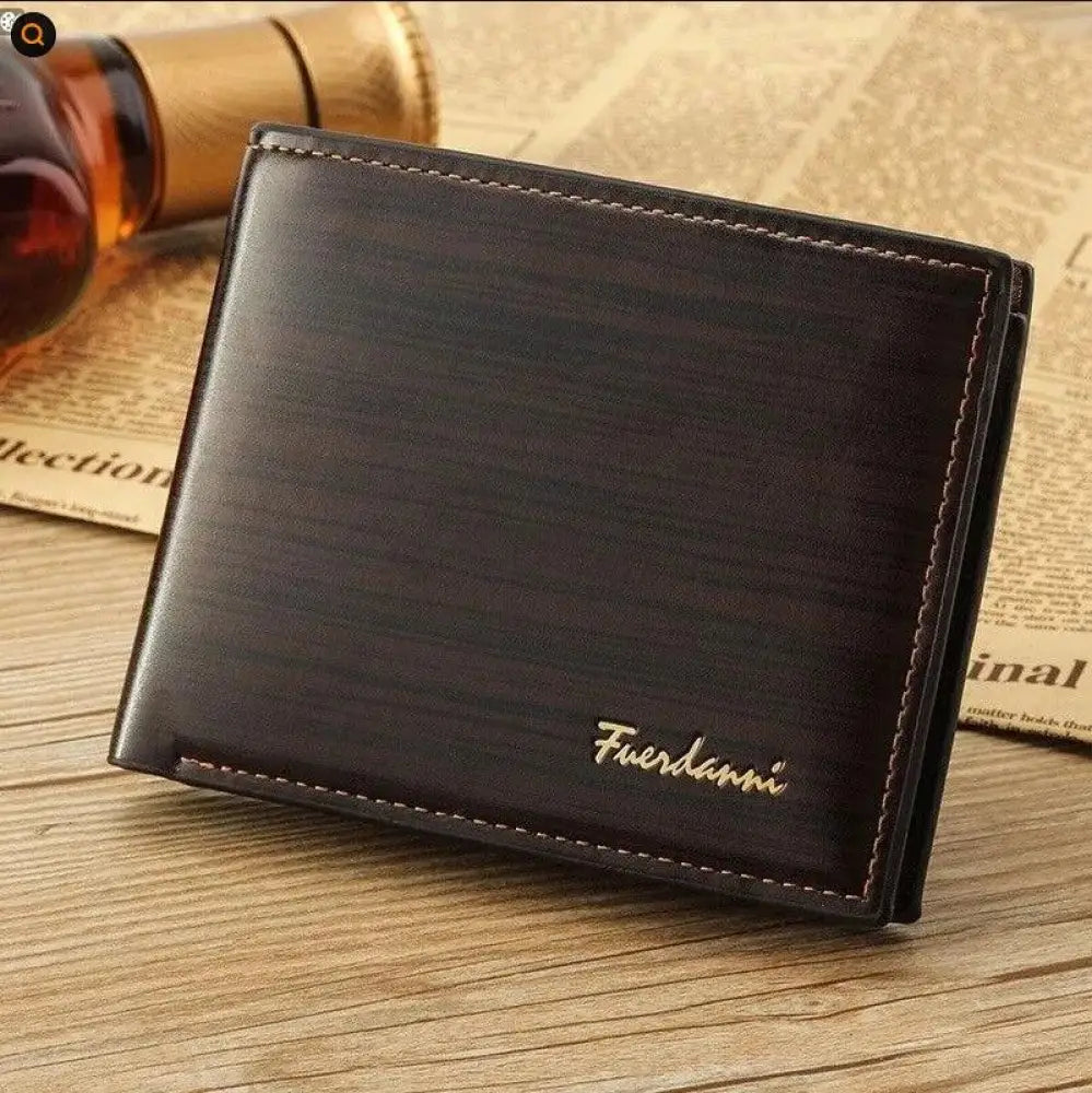 Fuerdanni men’s perforated black leather bifold card wallet with silver stitching and gold embossed logo