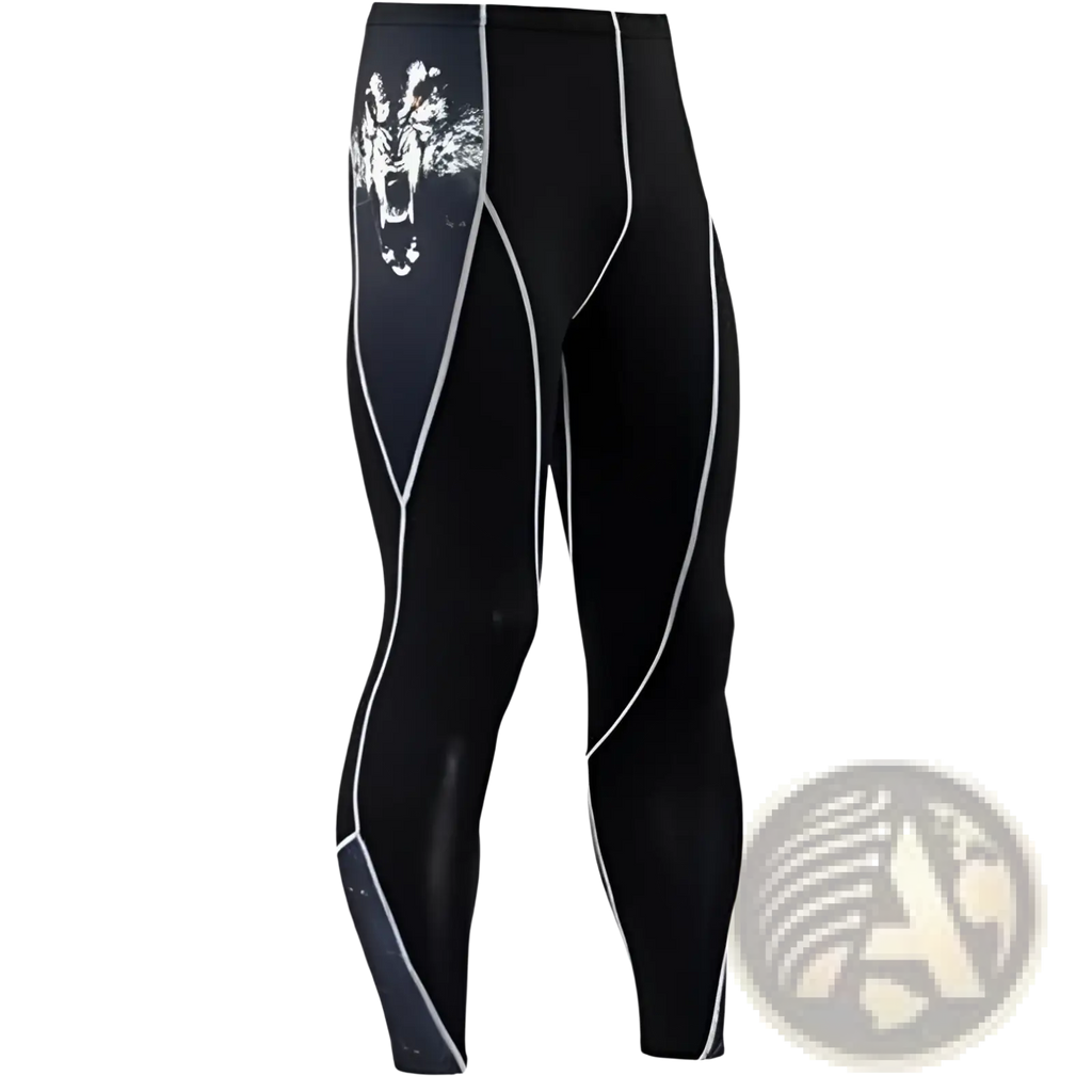 Men’s black compression pants with white wolf graphic and stitched seam detailing for athletic use