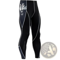 Men’s black compression pants with white wolf graphic and stitched seam detailing for athletic use