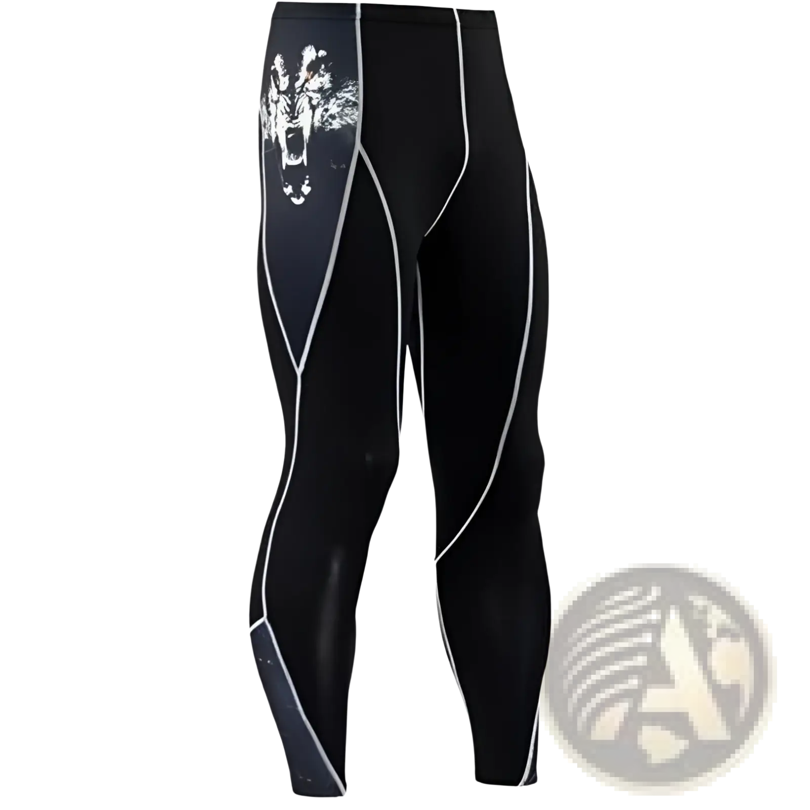 Men’s black compression pants with white wolf graphic and stitched seam detailing for athletic use