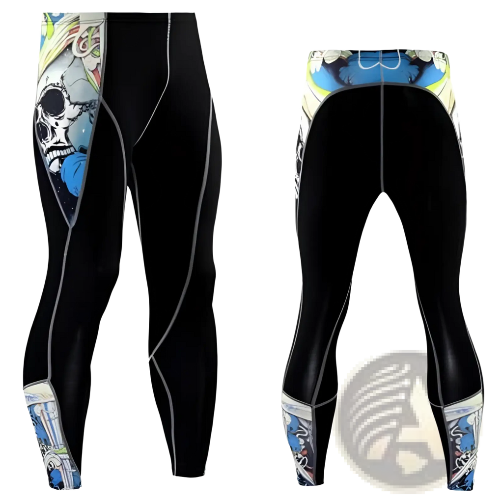 Men’s black compression leggings with vibrant blue white and yellow comic-style skull graphics on thigh and calf