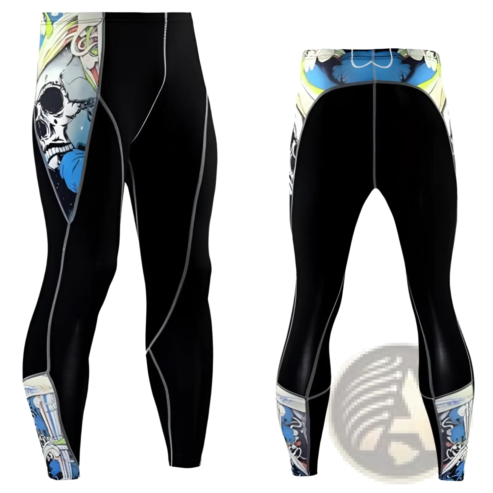 Men’s black compression leggings with vibrant blue white and yellow comic-style skull graphics on thigh and calf