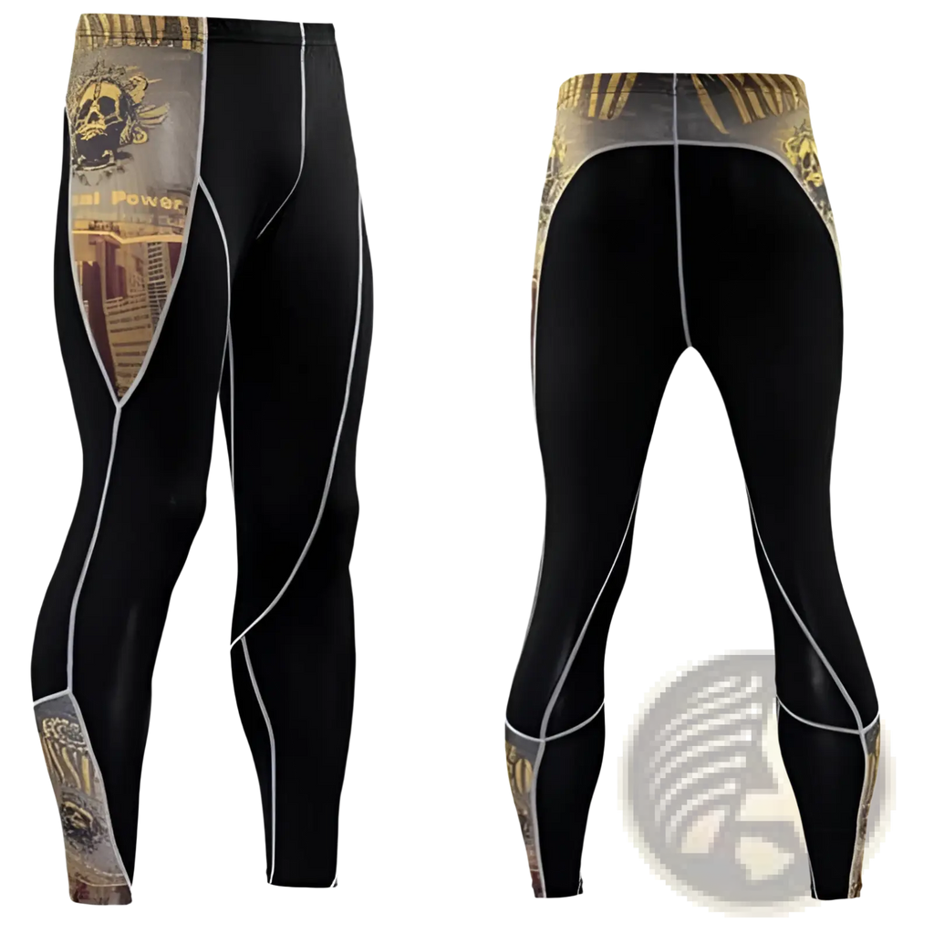Men’s black compression pants with gold and gray skull graphic panels and white stitching athletic tights
