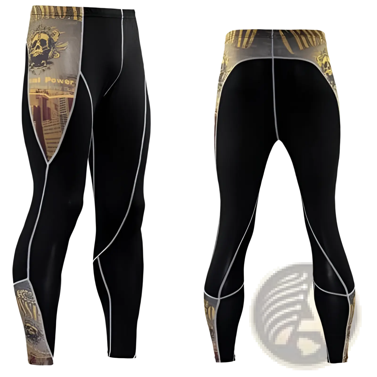 Men’s black compression pants with gold and gray skull graphic panels and white stitching athletic tights