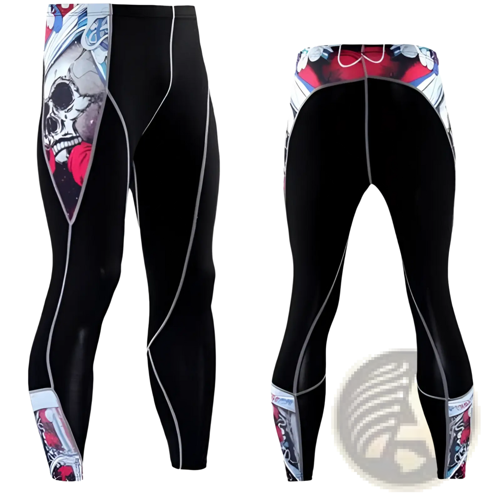 Men’s black compression pants featuring bold skull and rose graphic with red white and blue accents along sides and cuffs