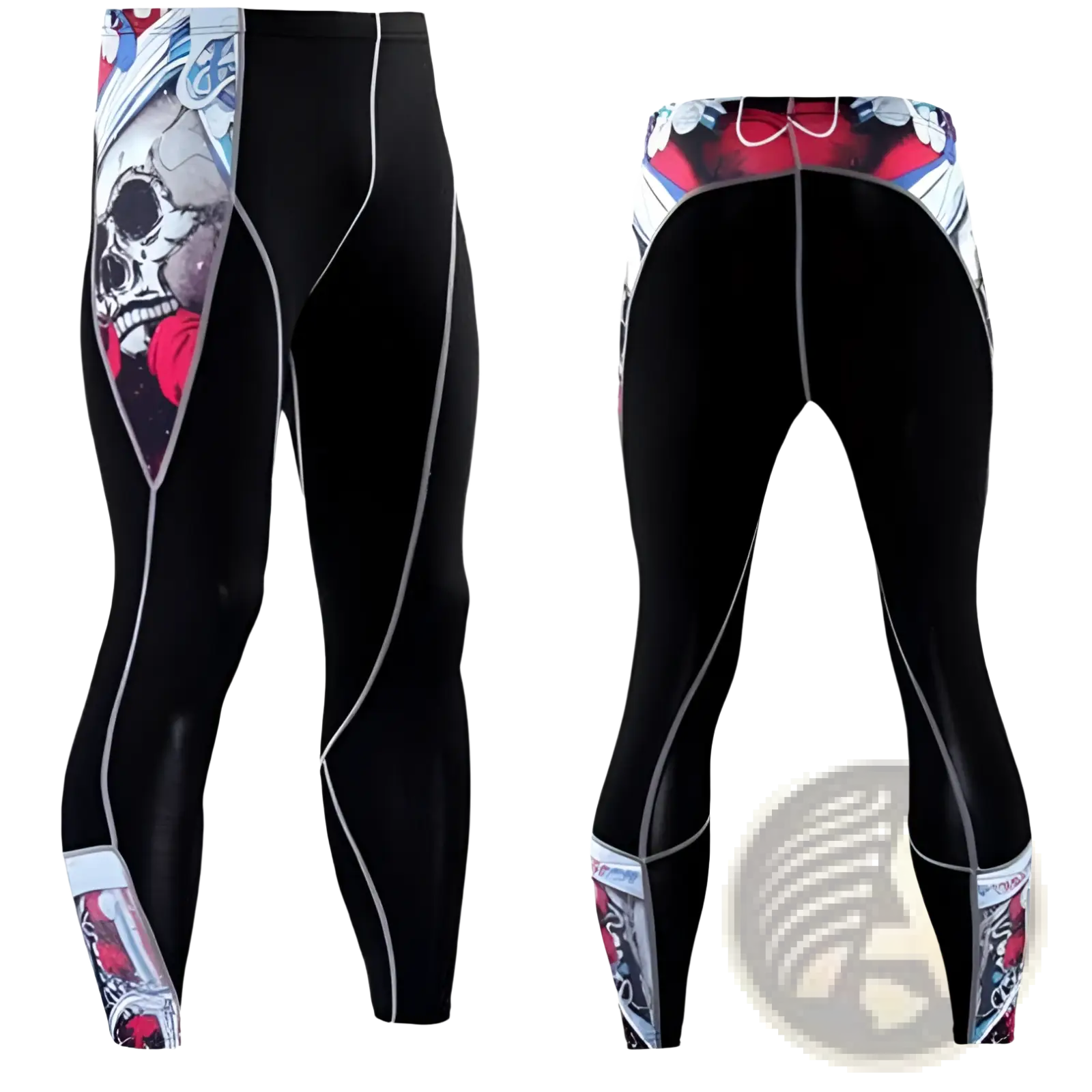 Men’s black compression pants featuring bold skull and rose graphic with red white and blue accents along sides and cuffs