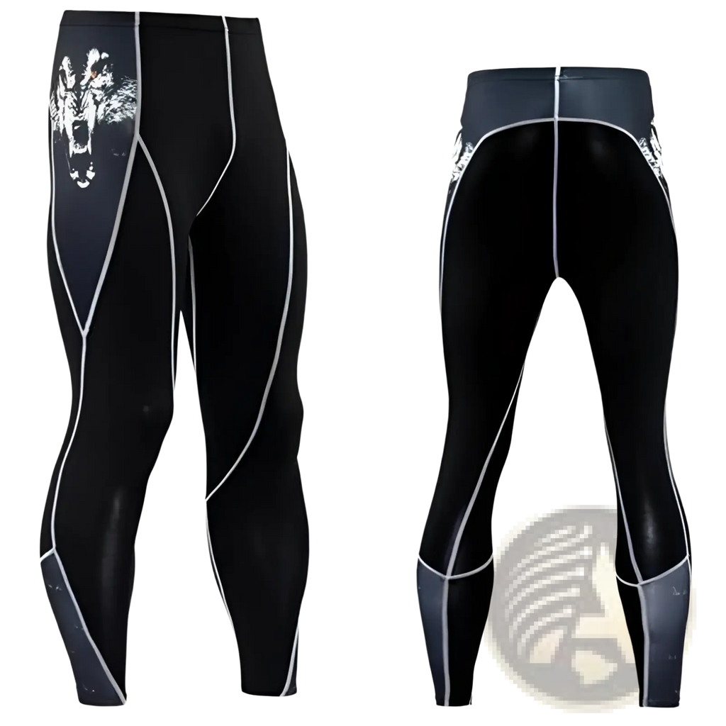Men’s black compression pants with white wolf graphic and gray side accents designed for athletic performance