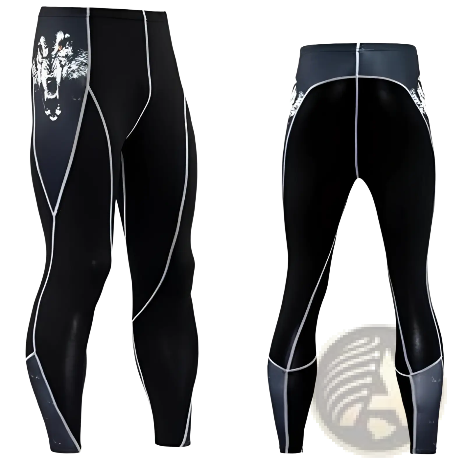 Men’s black compression pants with white wolf graphic and gray side accents designed for athletic performance